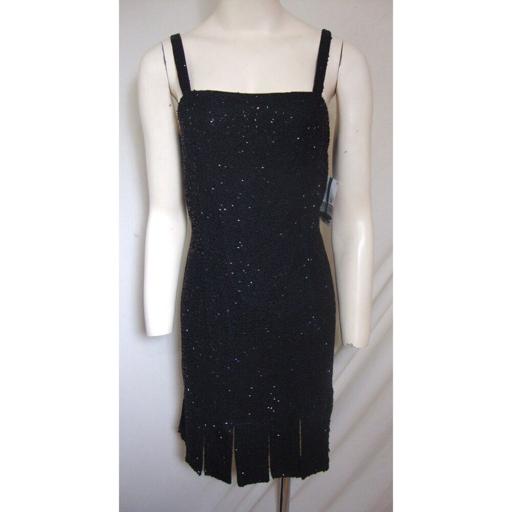Beaded Flapper Dress Hem NWT Black Silk 1920s Stye SZ M Cocktail Sleeveless